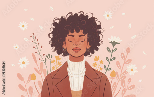 Woman with closed eyes in floral illustration. Mindfulness and self care concept.