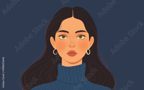 Stylized woman portrait illustration with long hair and blue sweater. Modern fashion concept.