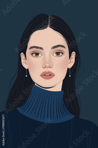 Realistic female portrait illustration with blue sweater. Beauty and identity concept.