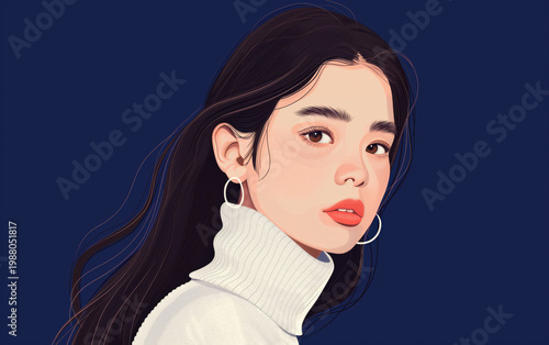 Side view woman portrait illustration on dark background. Modern beauty concept.