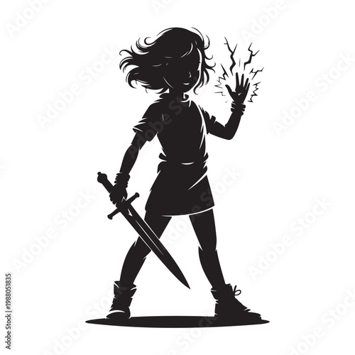 Fantasy Warrior Girl with Sword Silhouette Vector Illustration