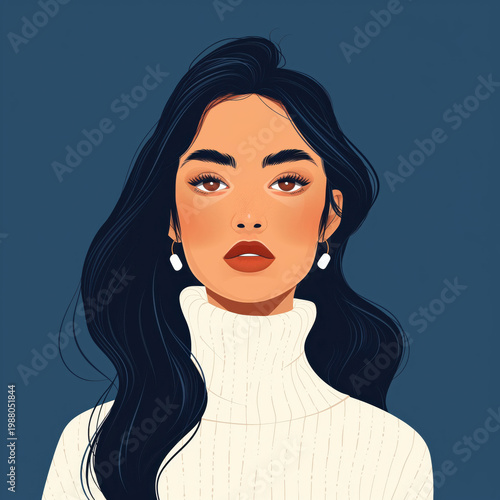 Stylized female portrait illustration with sweater on blue background. Modern fashion concept.