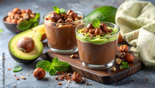 Two glasses of chocolate mousse with hazelnuts and mint