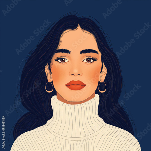 Modern woman portrait illustration on dark blue background. Beauty and confidence concept.