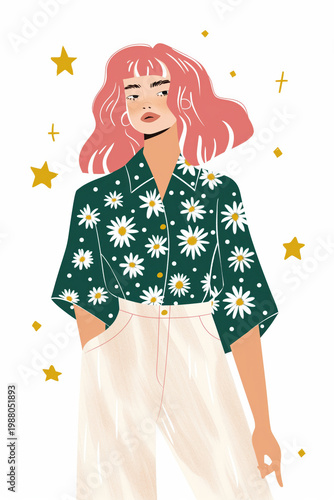 Stylish woman illustration with floral shirt and stars. Fashion empowerment concept.