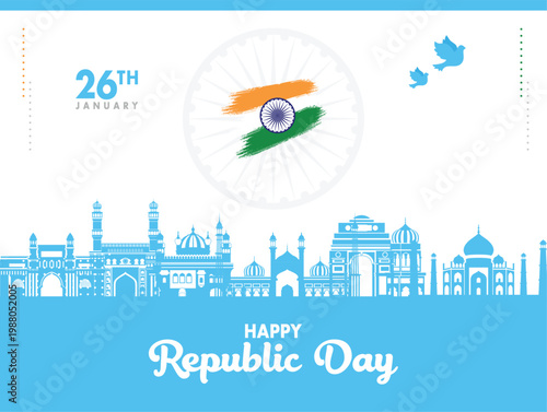Vector of Indian Republic Day Design with famous monument in blue theme illustration.