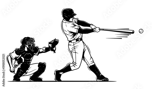 Baseball batter swinging bat vector action sports catcher game illustration