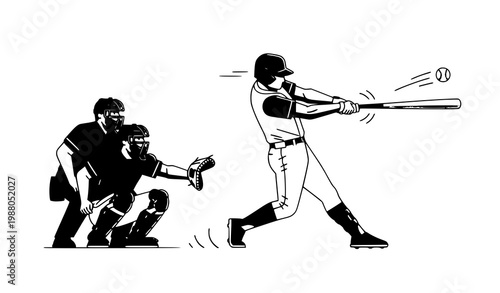 Baseball swing vector batter catcher action sports illustration set