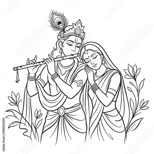 Krishna playing flute with Radha.