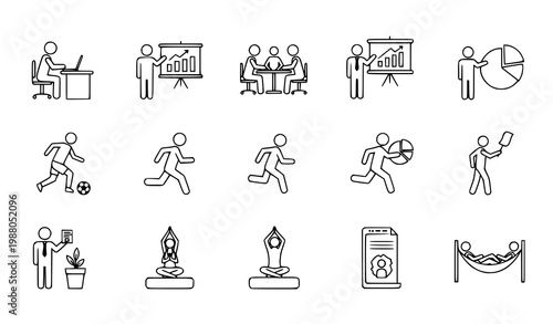 Business and activity stick figure vector icons set black white