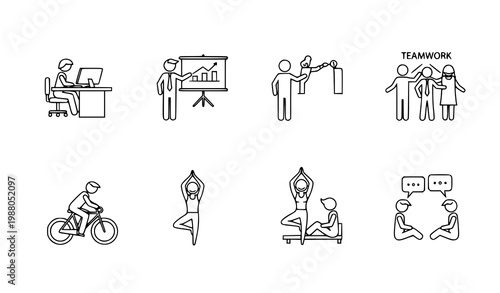 Stick figure icons vector set business and leisure activities black white