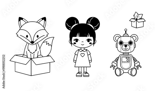 Cute fox girl robot bear vector black white character set kids illustration