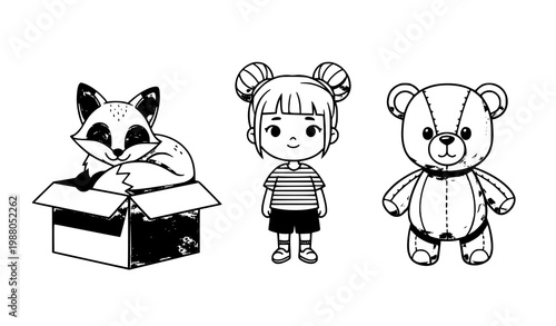 Fox girl robot teddy bear vector black white kids character set design