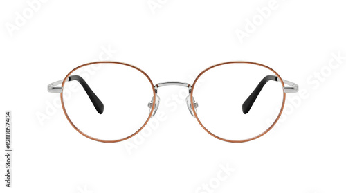Modern round eyeglasses with thin metal frame isolated