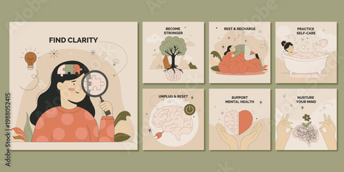 Five illustrations on the topic of mental health.