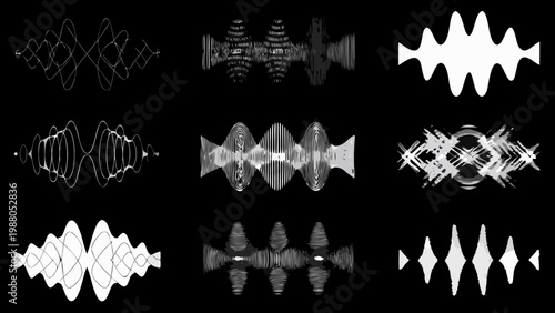 Abstract waveforms and sound visualizations displayed in grayscale against a black background