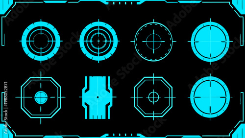 A collection of glowing cyan targeting reticles and geometric shapes on a black background
