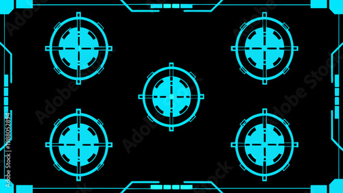 A dark background displays a symmetrical pattern of glowing cyan targeting reticles