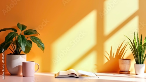 Sunlit Desk with Plants and Book