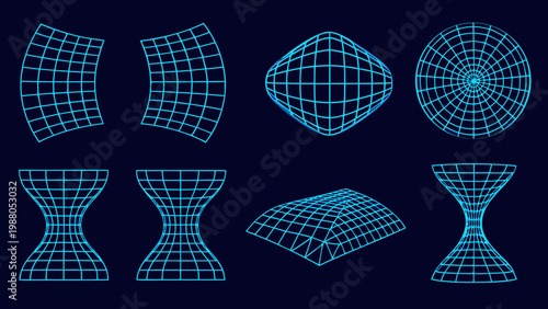 Abstract geometric shapes with grid lines in varying warped and curved forms