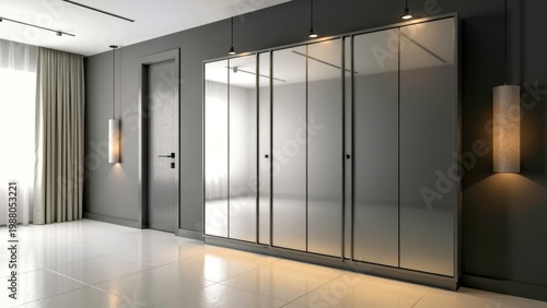 Modern dark room with frosted glass wardrobe