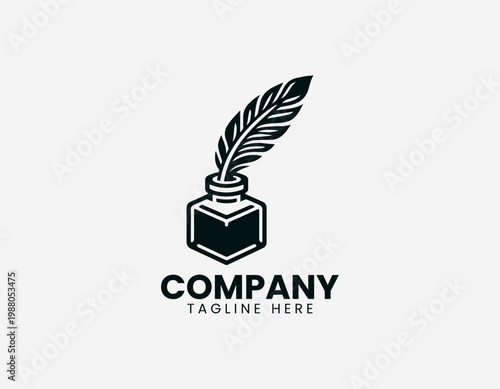 Classic black vector logo of a quill feather pen in an inkwell bottle for creative writing or legal signature.
