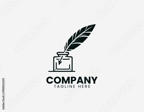 Classic black vector logo of a quill feather pen in an inkwell bottle for creative writing or legal signature.
