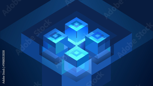 Abstract geometric rendering of glowing blue cubes in a layered isometric composition