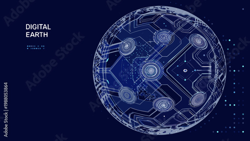 A futuristic digital earth illustration with glowing interconnected circuits and a dark blue background