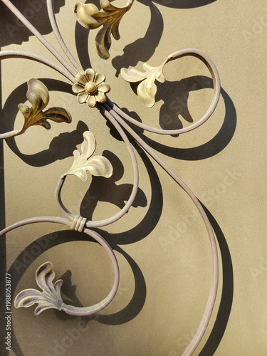 Elegant floral decorative wrought iron gate elements. Metal abstract background. Copy space