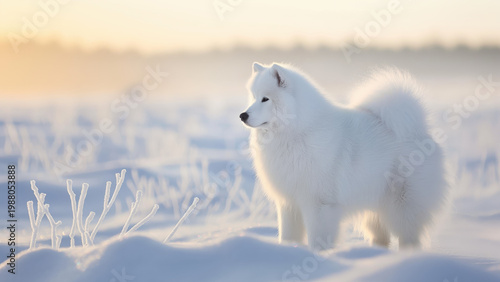 Samoyed dog in snowy field with soft sunset light. Winter calm concept.