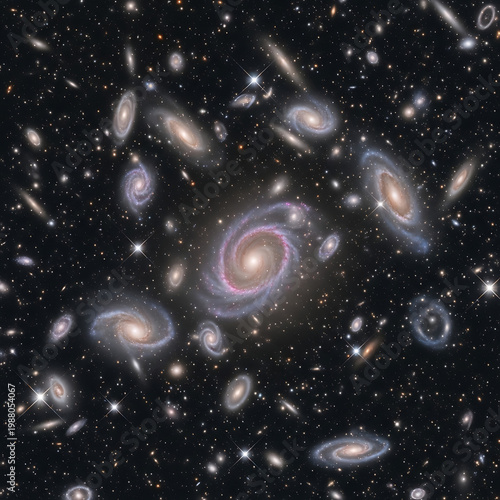 Deep space view showing a vibrant collection of spiral and elliptical galaxies in the universe