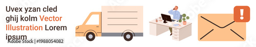 Delivery services, remote work, communication, logistics, business operations, email notifications. A truck, office desk with a person and envelope alert icon. Delivery services and remote work