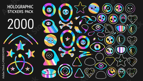 A vibrant collection of holographic stickers featuring playful faces stars and whimsical shapes