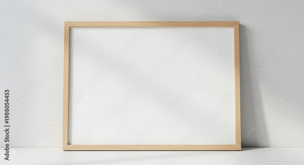 Fototapeta premium A blank white picture frame with a light wood border stands against a plain wall 4K, HD