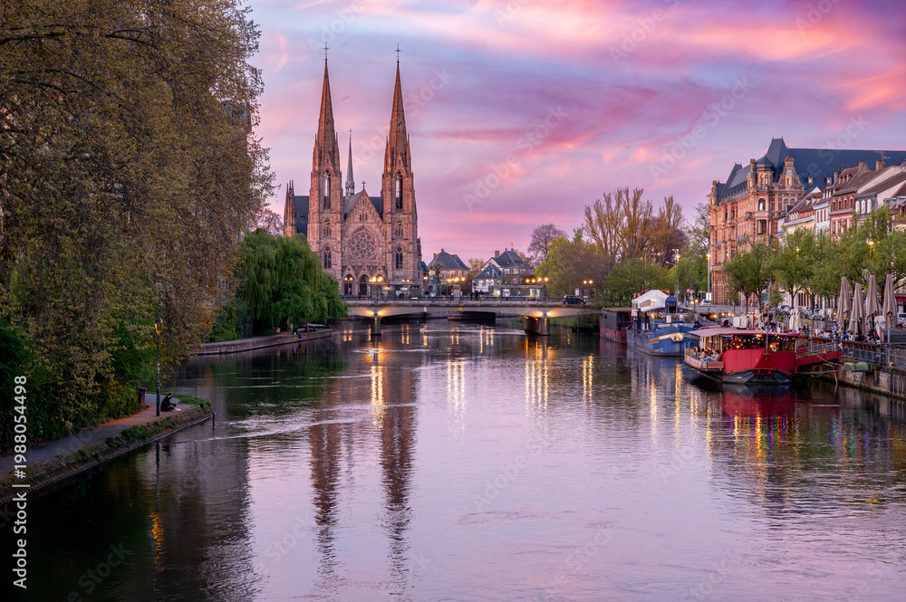 Fototapeta premium Pastel Sunset Canal With Moored Boats Strasbourg