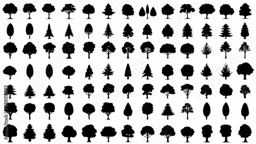 A collection of diverse tree silhouettes arranged in a grid pattern on a white background