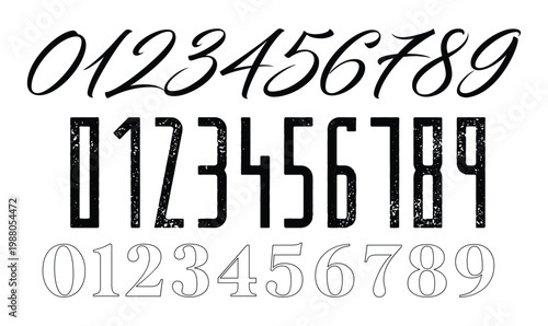 Multi Style Numbers Vector Set featuring Script Distressed and Outline Designs for Branding