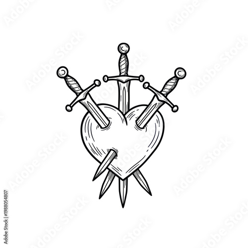 Heart pierced by three swords, tattoo style drawing, symbol of pain and betrayal
