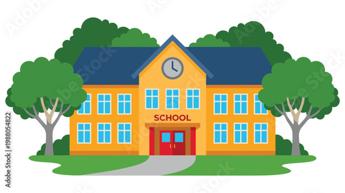 Colorful school building with trees and schoolyard education.