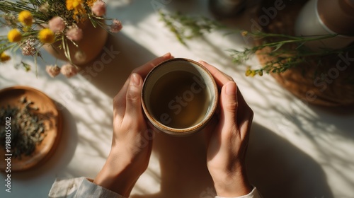 Top-down view of hands holding a warm ceramic cup of herbal tea on a table bathed in bright morning sunlight and artistic plant shadows, symbolizing mindfulness and intentional living.