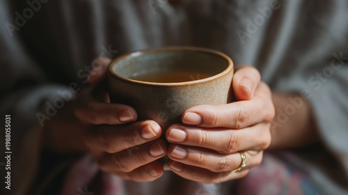 Close-up of human hands cradling a rustic ceramic cup filled with warm tea or broth, featuring natural textures and soft lighting to evoke a sense of mindfulness and slow living.