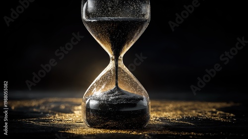 Conceptual high-angle shot of a glass hourglass filled with thick black crude oil flowing through the neck, representing the countdown for fossil fuel dependency and the climate crisis.