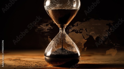 Conceptual high-angle shot of a glass hourglass filled with thick black crude oil flowing through the neck, representing the countdown for fossil fuel dependency and the climate crisis.