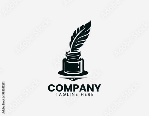 An ink bottle with feather quill is illustrated with spill minimalist black vector logo design
