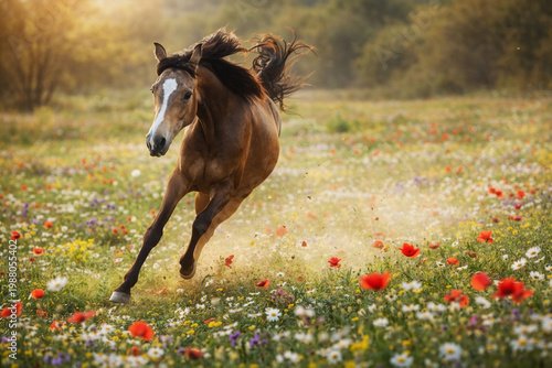 Reitponystute galoppiert über eine Frühlingswiese