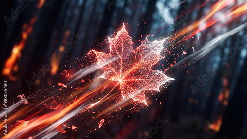 Maple leaf with shimmering effects in a forest setting representing Canada Day  