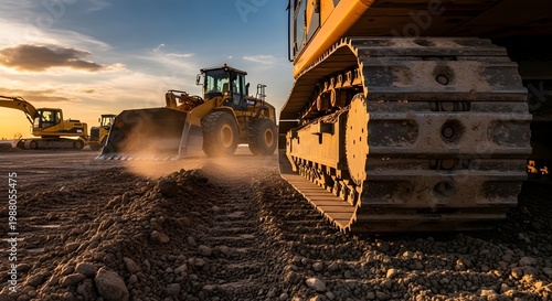 Dramatic Low Angle Heavy Equipment Construction Vehicle Silhouette at Sunset