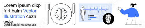 Mental health, nutrition, healthcare, medical analysis, wellness, diagnostics. Brain on a plate, ECG human figure and pointing person. Mental health and nutrition concept
