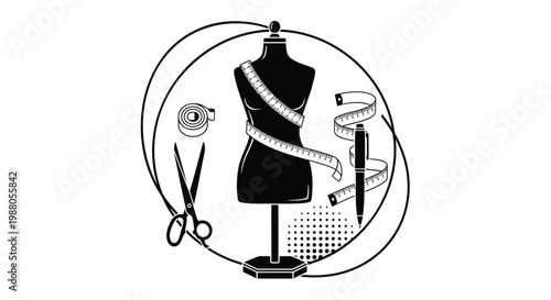 Fashion design, dressmaking tools, tailoring icons, sewing accessories, vector graphics